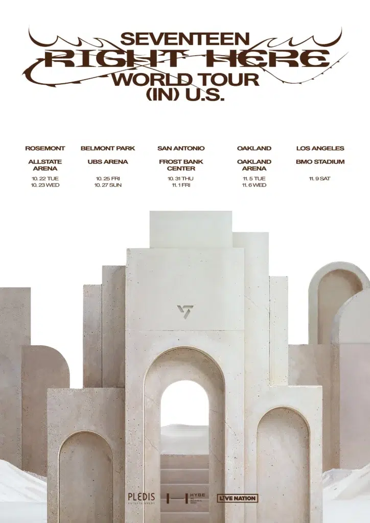 Tour poster for SEVENTEEN's 'SEVENTEEN RIGHT HERE' world tour.