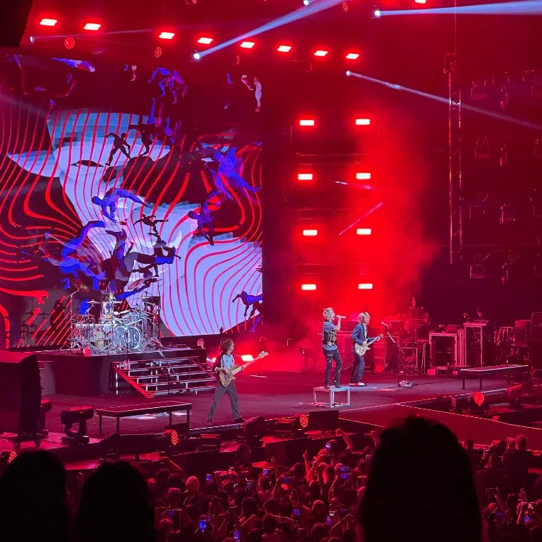 Full band photo of ONE OK ROCK during the KIA Forum date of the 2024 Premonition World Tour.