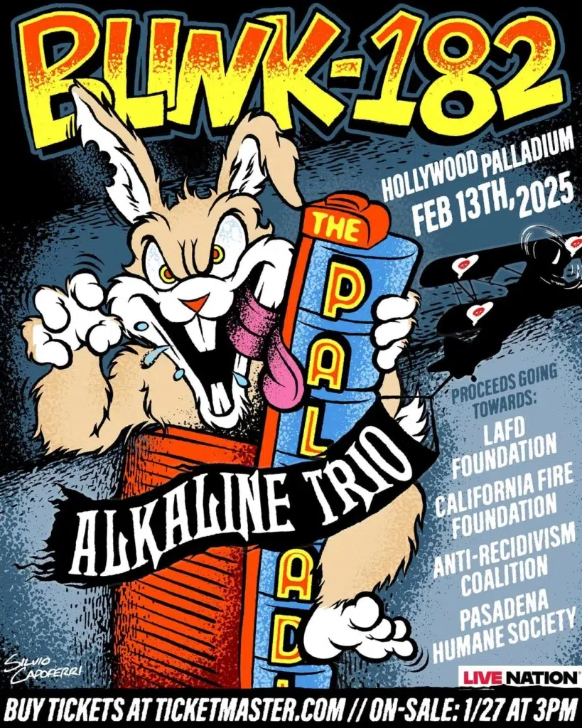 Show poster for blink-182 and Alkaline Trio's Los Angeles benefit show.