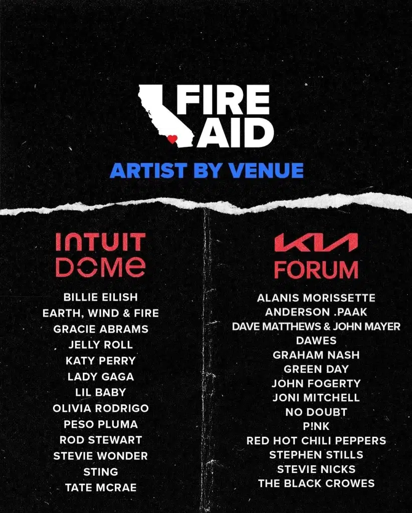 Venue lineup for the 2025 FireAid Benefit Concert.